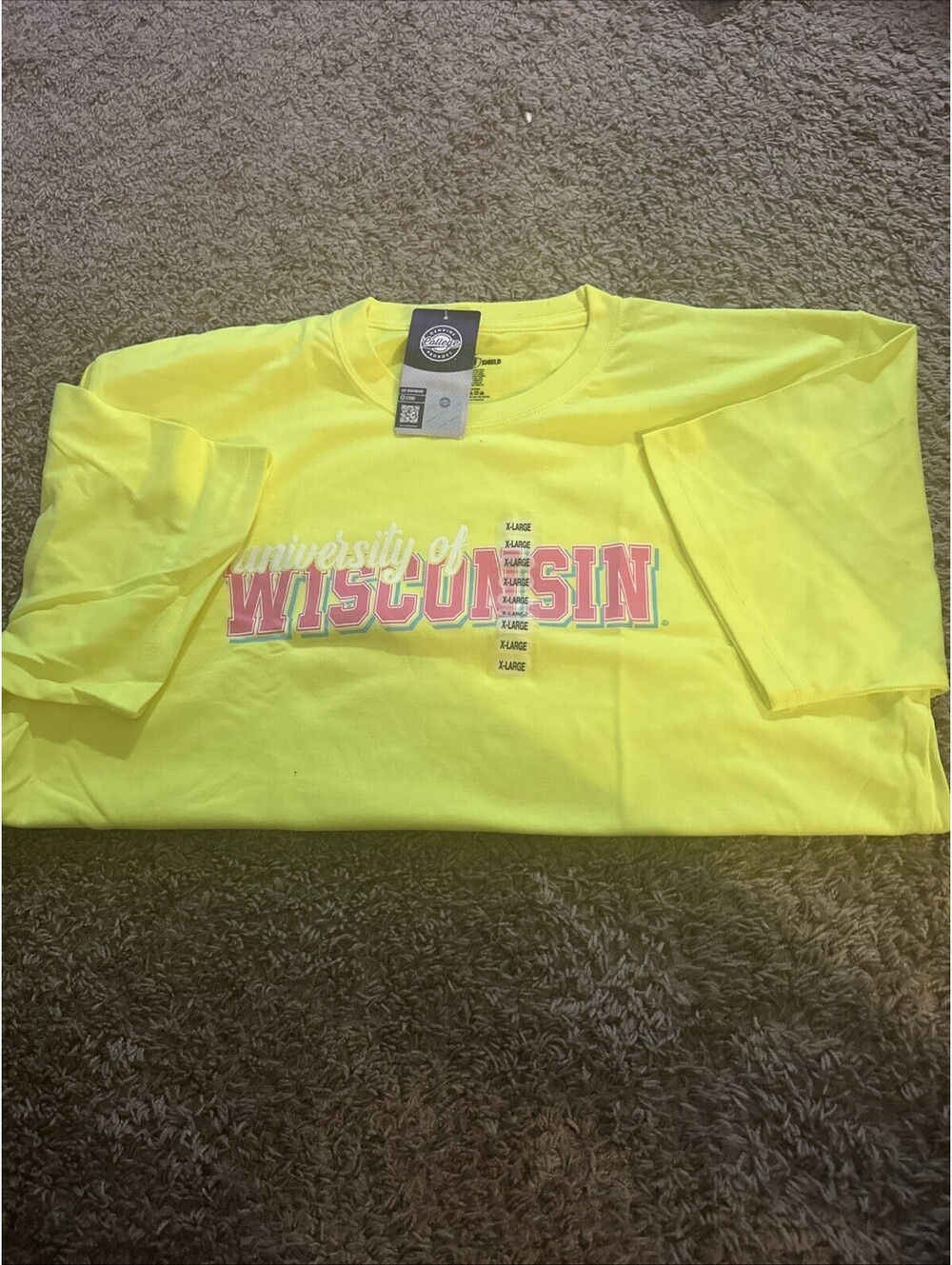 University of Wisconsin graphic t-shirt in a neon yellow/lime color